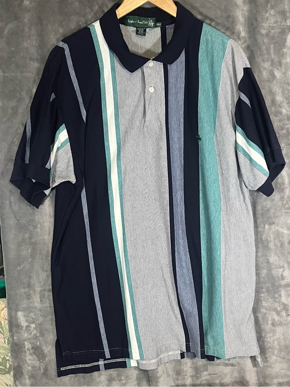 Vintage Knights of Round Table Striped Polo Shirt in Navy and Teal